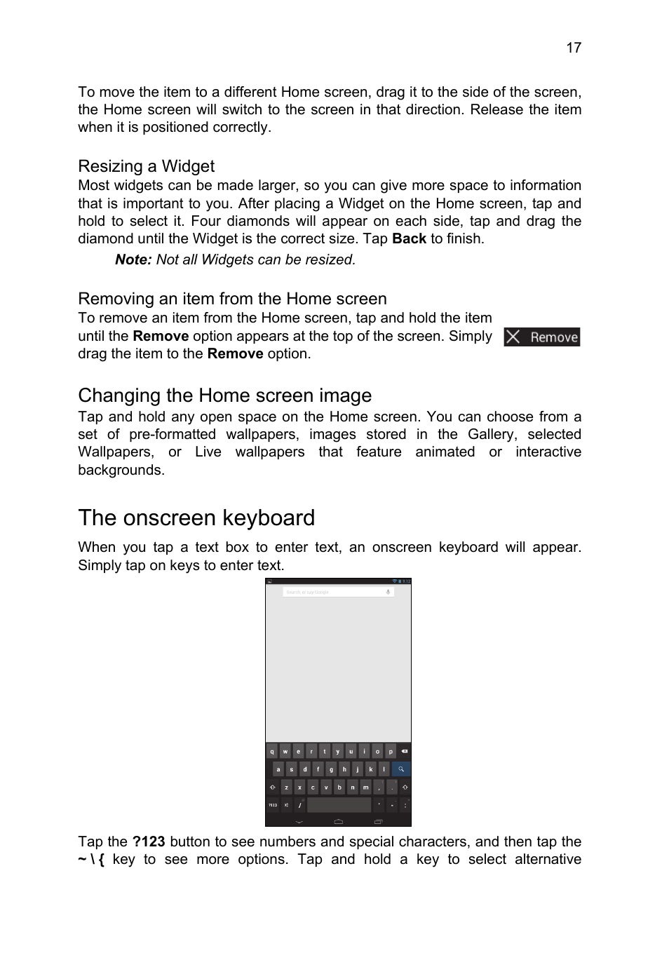 Changing the home screen image, The onscreen keyboard | Acer B1-A71 User Manual | Page 17 / 51