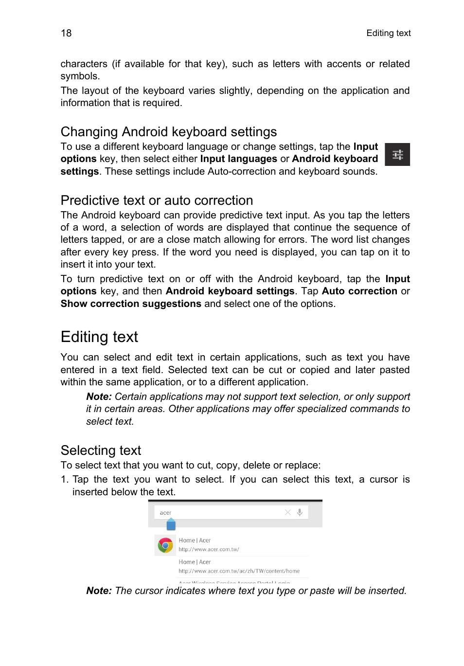 Changing android keyboard settings, Predictive text or auto correction, Editing text | Selecting text | Acer B1-A71 User Manual | Page 18 / 51