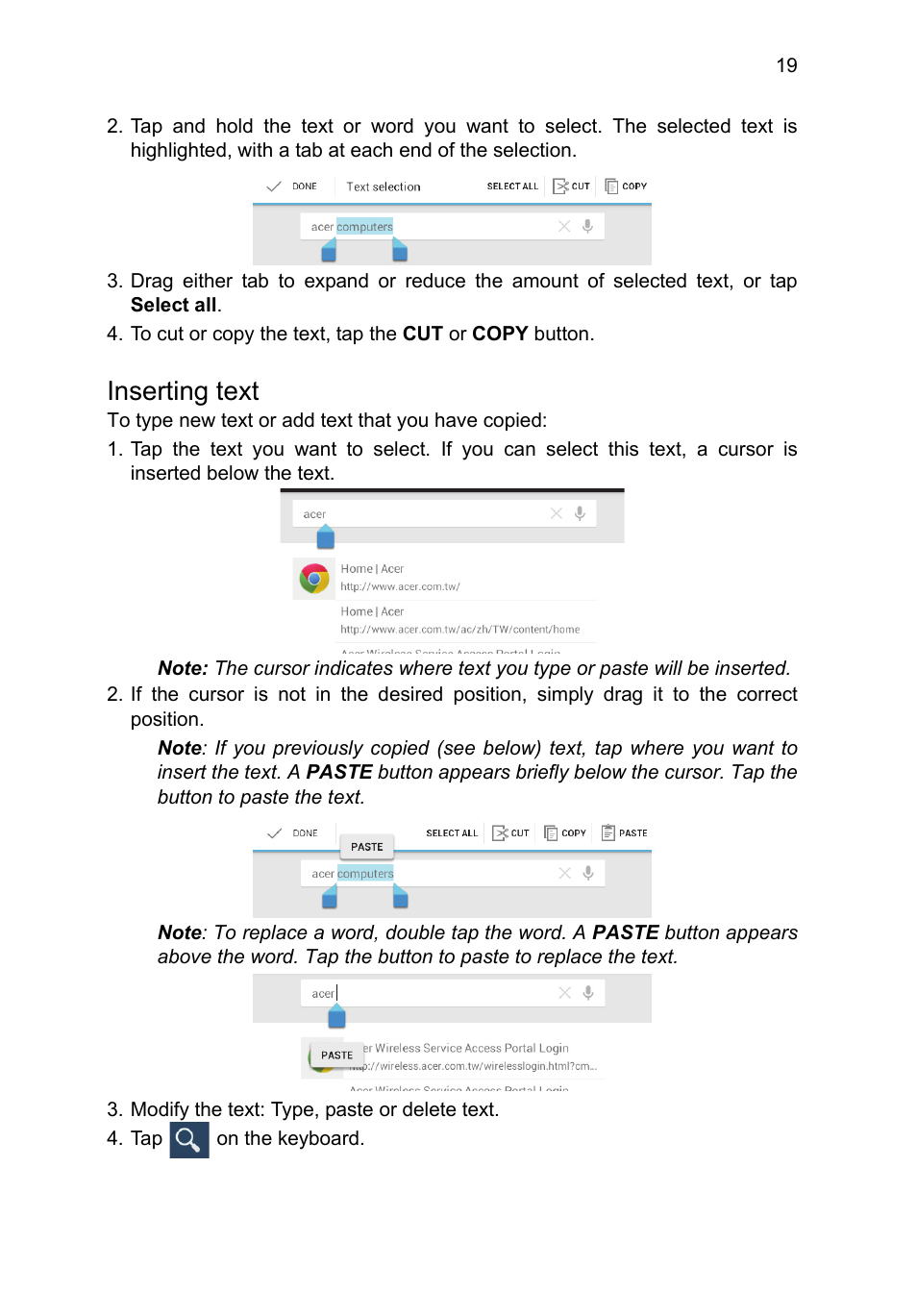 Inserting text | Acer B1-A71 User Manual | Page 19 / 51