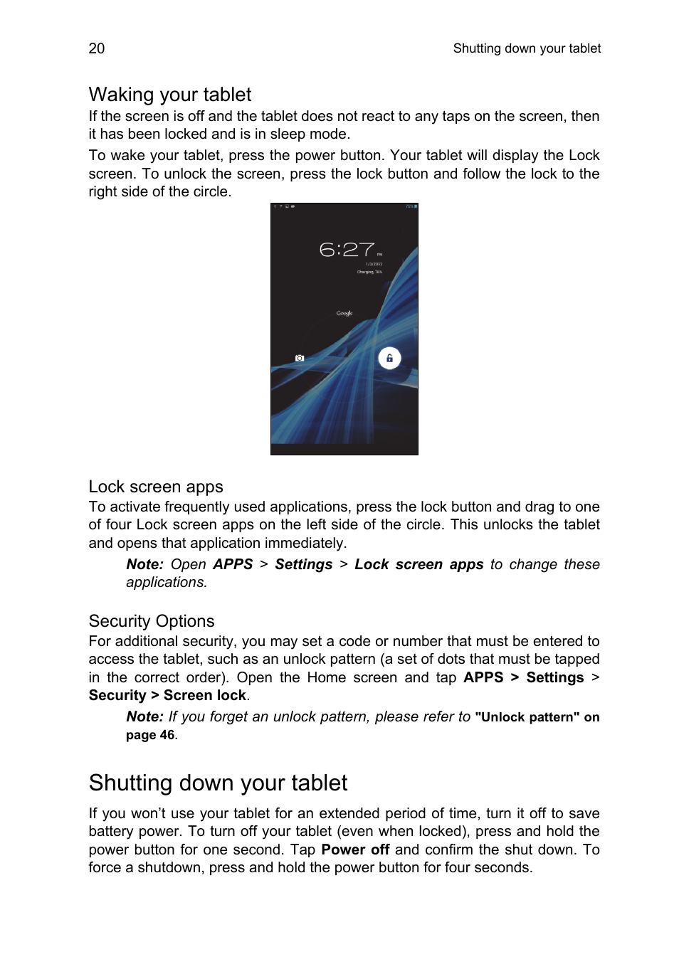 Waking your tablet, Shutting down your tablet | Acer B1-A71 User Manual | Page 20 / 51