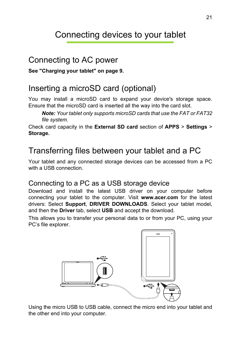 Connecting devices to your tablet, Connecting to ac power, Inserting a microsd card (optional) | Transferring files between your tablet and a pc, Connecting to a pc as a usb storage device | Acer B1-A71 User Manual | Page 21 / 51