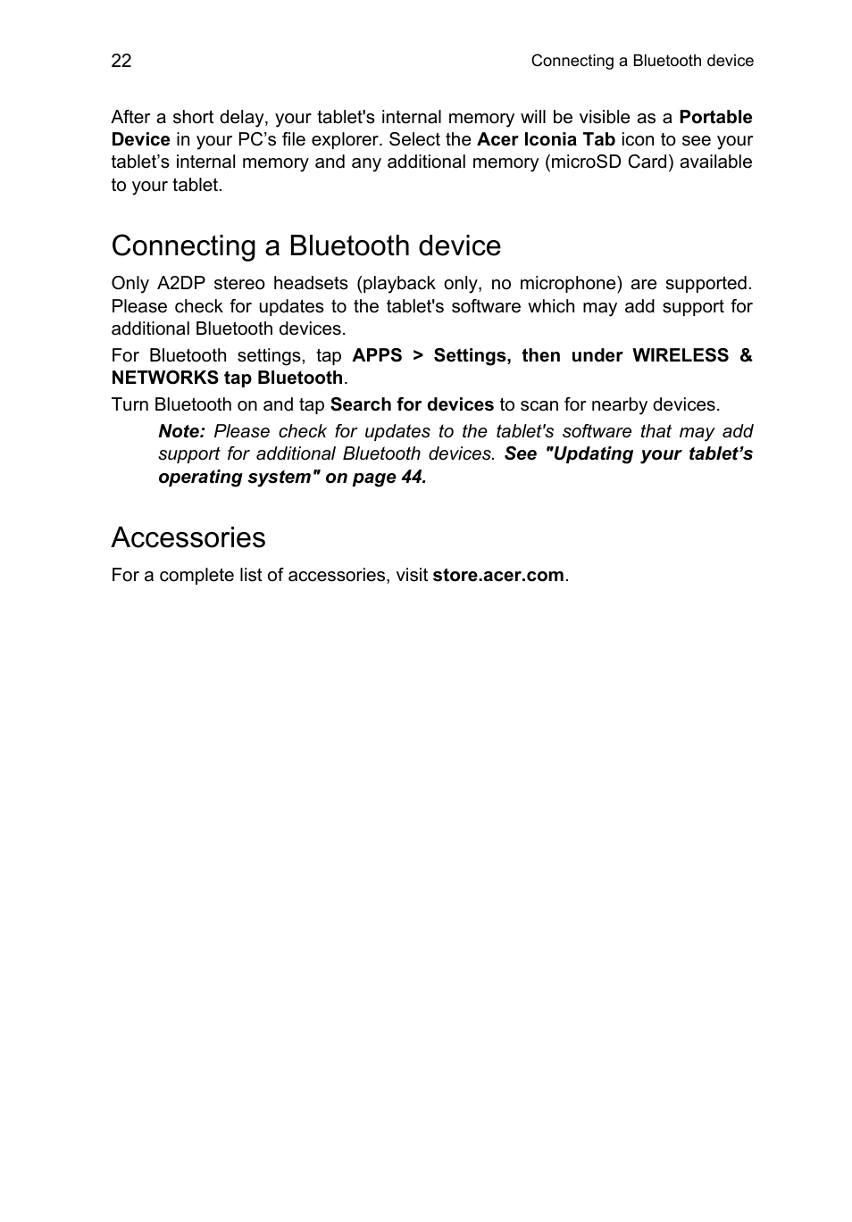 Connecting a bluetooth device, Accessories, Connecting a bluetooth device accessories | Acer B1-A71 User Manual | Page 22 / 51