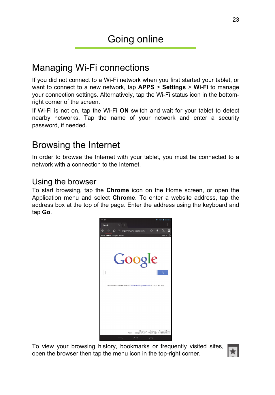 Going online, Managing wi-fi connections, Browsing the internet | Using the browser, Managing wi-fi connections browsing the internet | Acer B1-A71 User Manual | Page 23 / 51