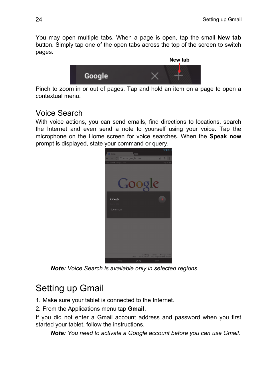 Voice search, Setting up gmail | Acer B1-A71 User Manual | Page 24 / 51