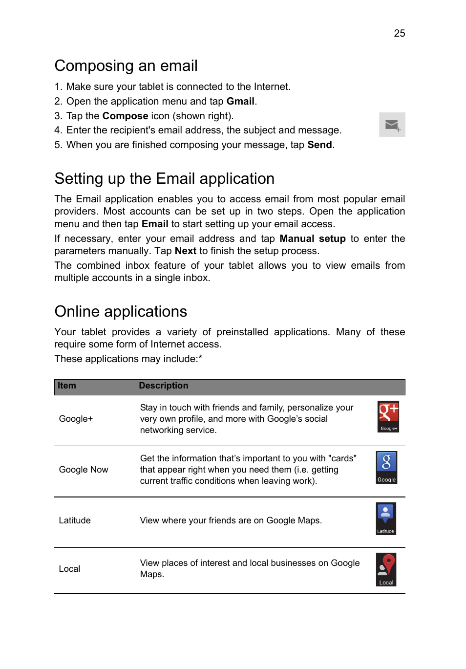 Composing an email, Setting up the email application, Online applications | Acer B1-A71 User Manual | Page 25 / 51
