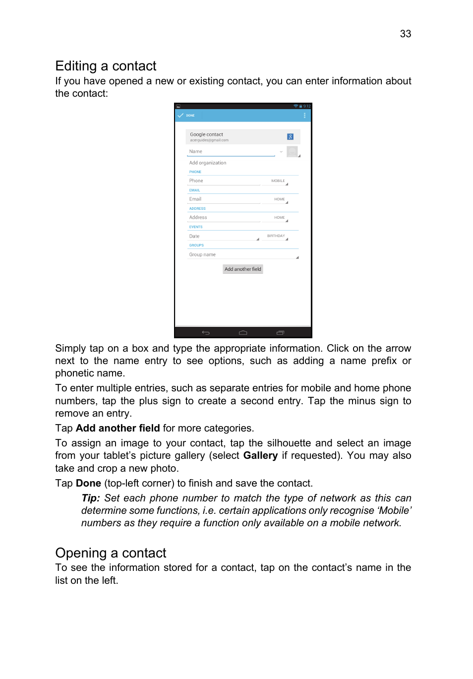 Editing a contact, Opening a contact | Acer B1-A71 User Manual | Page 33 / 51