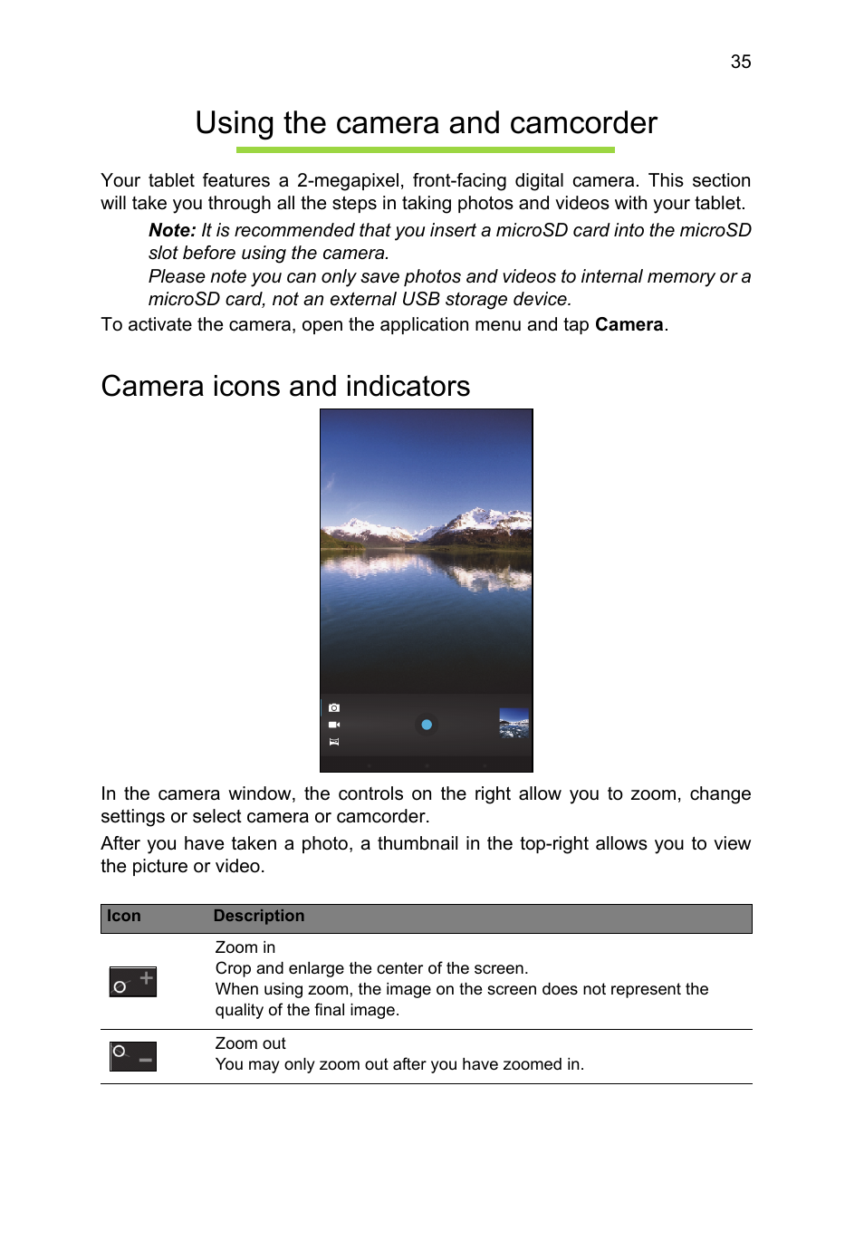 Using the camera and camcorder, Camera icons and indicators | Acer B1-A71 User Manual | Page 35 / 51