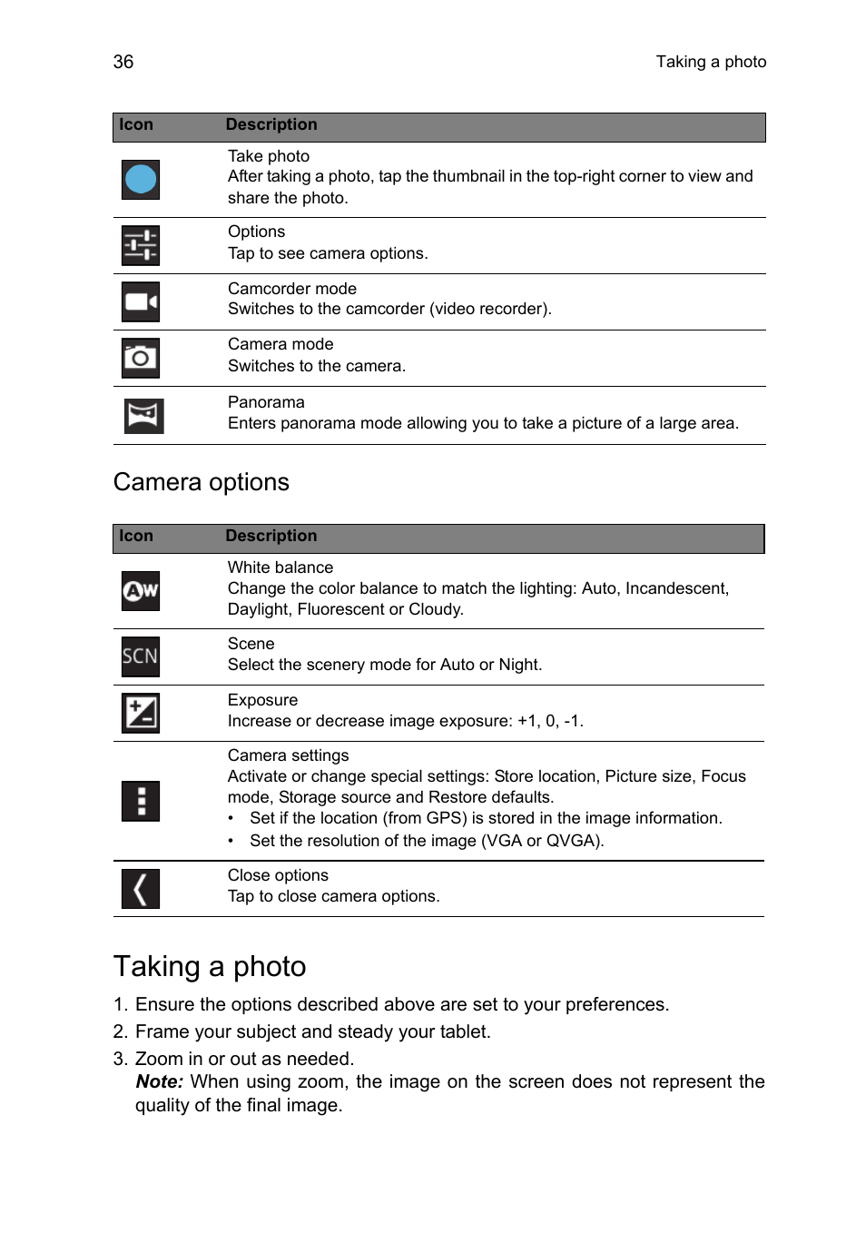 Camera options, Taking a photo | Acer B1-A71 User Manual | Page 36 / 51