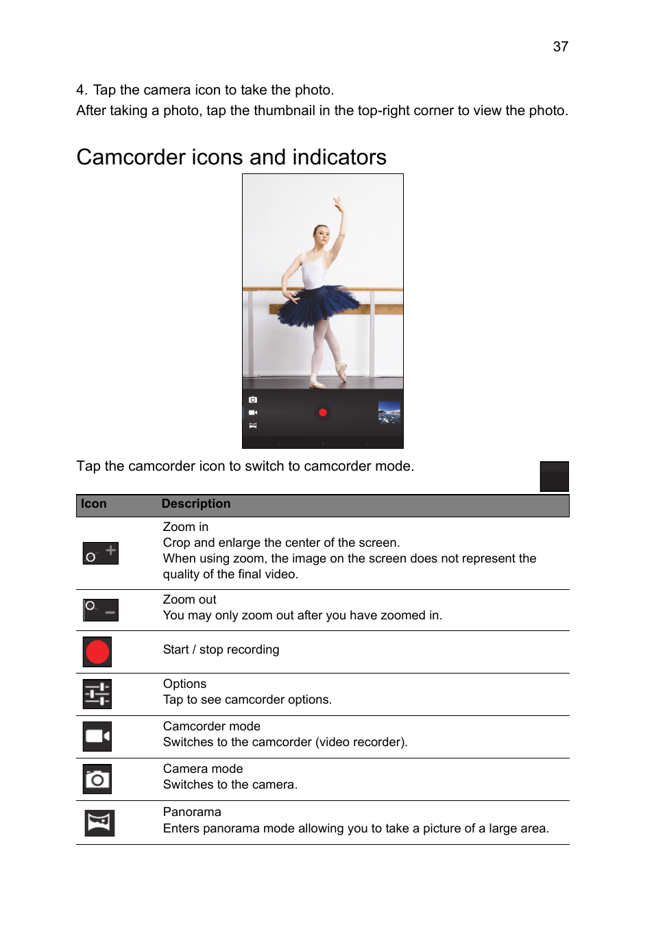 Camcorder icons and indicators | Acer B1-A71 User Manual | Page 37 / 51