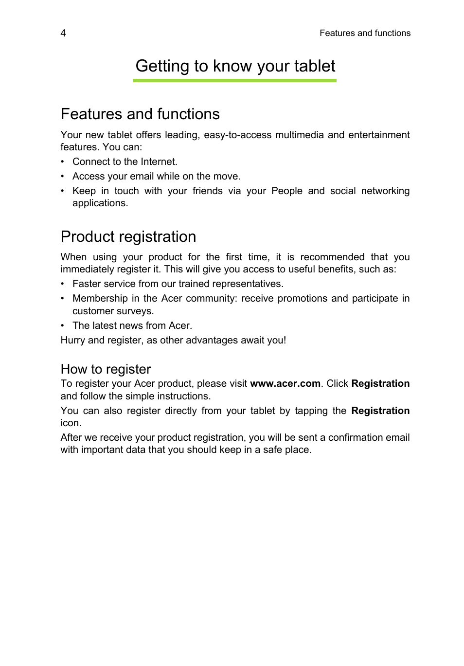 Getting to know your tablet, Features and functions, Product registration | How to register, Features and functions product registration | Acer B1-A71 User Manual | Page 4 / 51