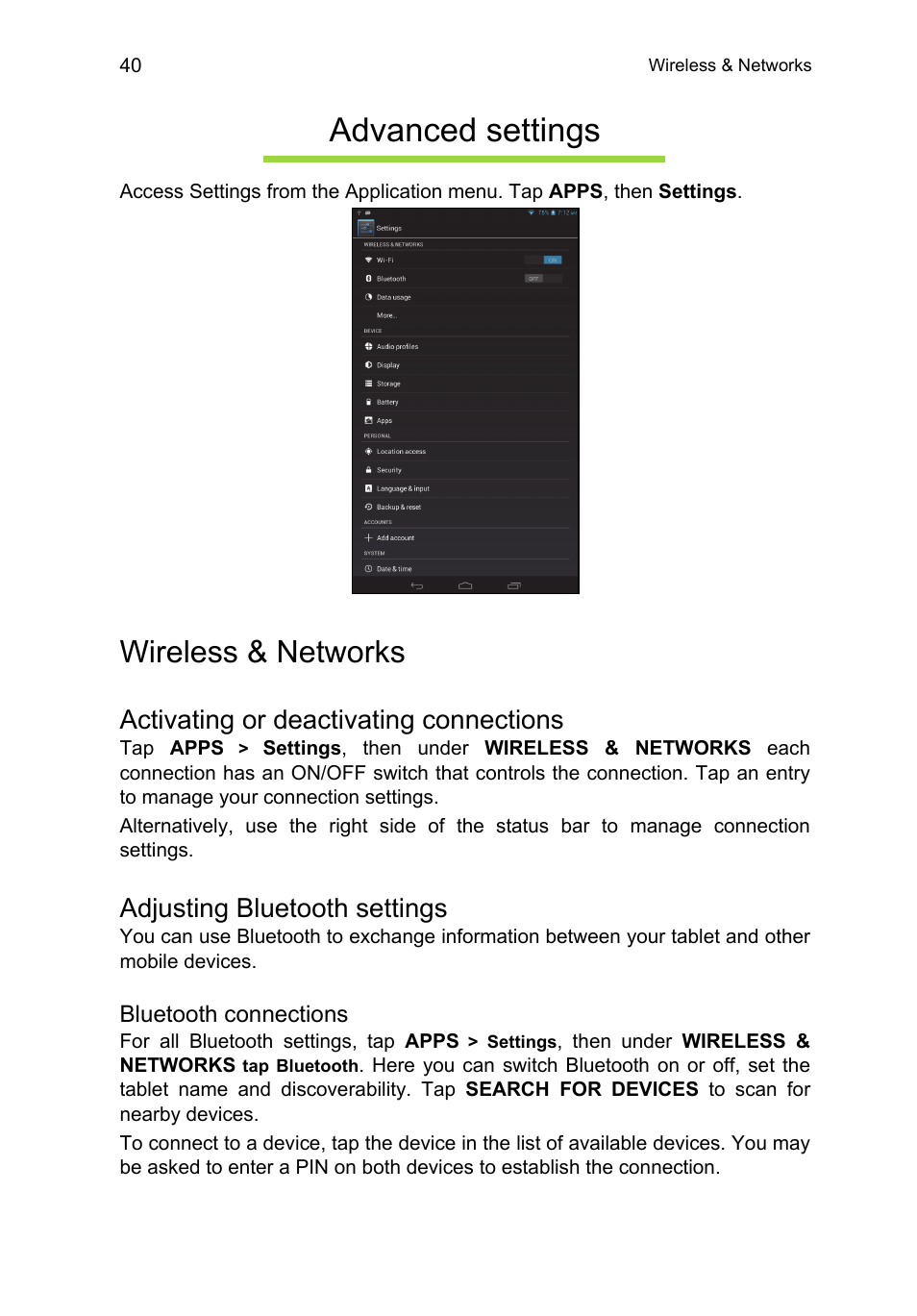 Advanced settings, Wireless & networks, Activating or deactivating connections | Adjusting bluetooth settings | Acer B1-A71 User Manual | Page 40 / 51