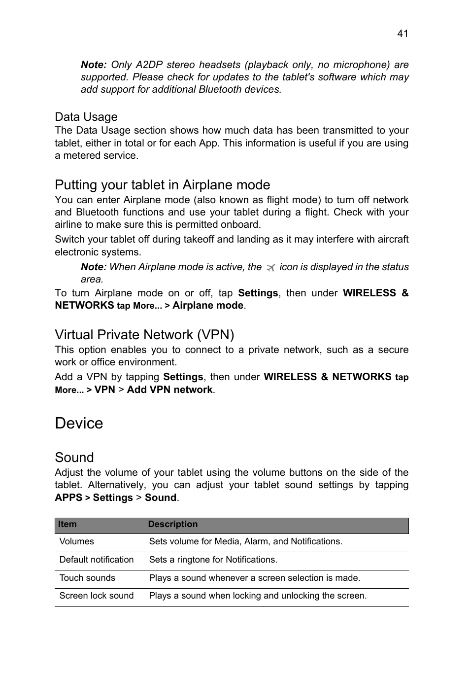 Putting your tablet in airplane mode, Virtual private network (vpn), Device | Sound, Data usage | Acer B1-A71 User Manual | Page 41 / 51