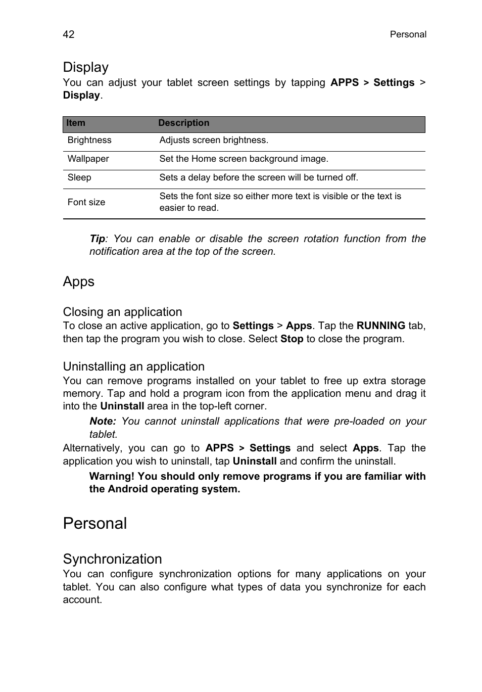 Display, Apps, Personal | Synchronization, Closing an application, Uninstalling an application | Acer B1-A71 User Manual | Page 42 / 51