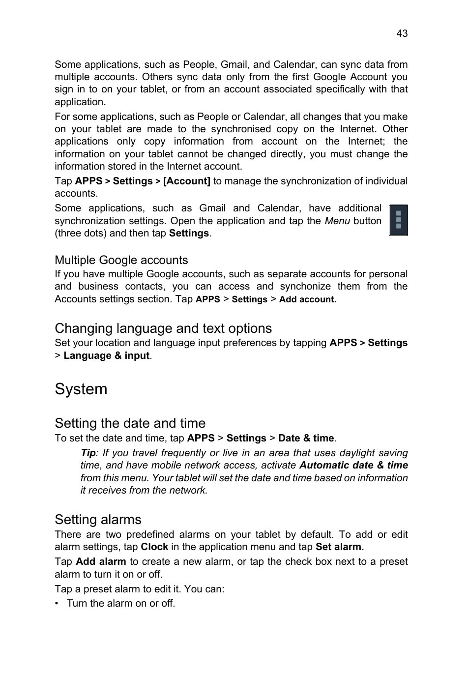 Changing language and text options, System, Setting the date and time | Setting alarms | Acer B1-A71 User Manual | Page 43 / 51