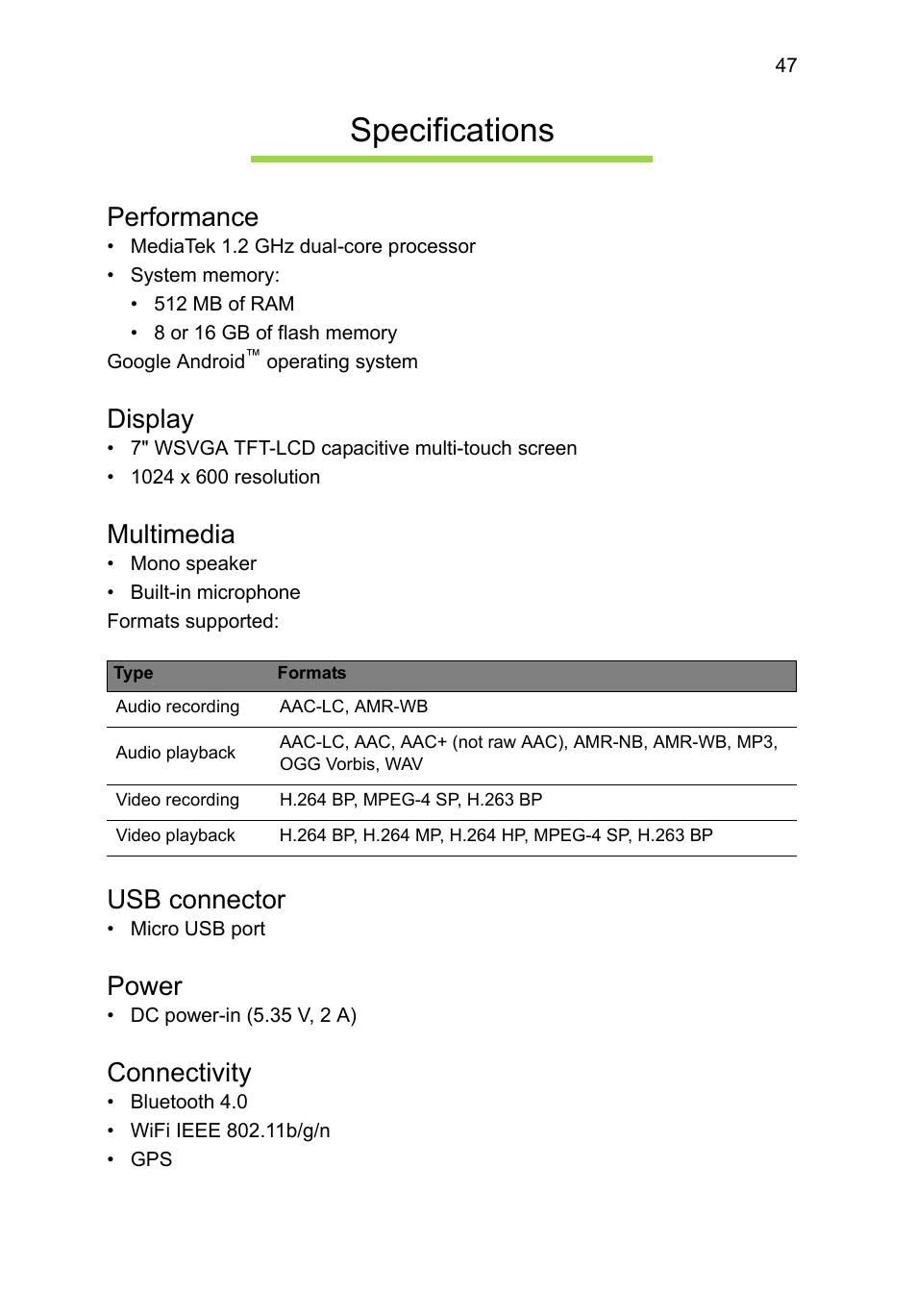 Specifications, Performance, Display | Multimedia, Usb connector, Power, Connectivity | Acer B1-A71 User Manual | Page 47 / 51