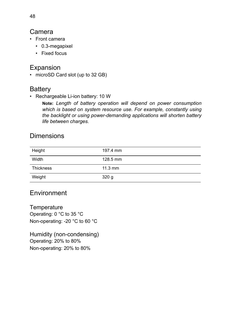 Camera, Expansion, Battery | Dimensions, Environment | Acer B1-A71 User Manual | Page 48 / 51
