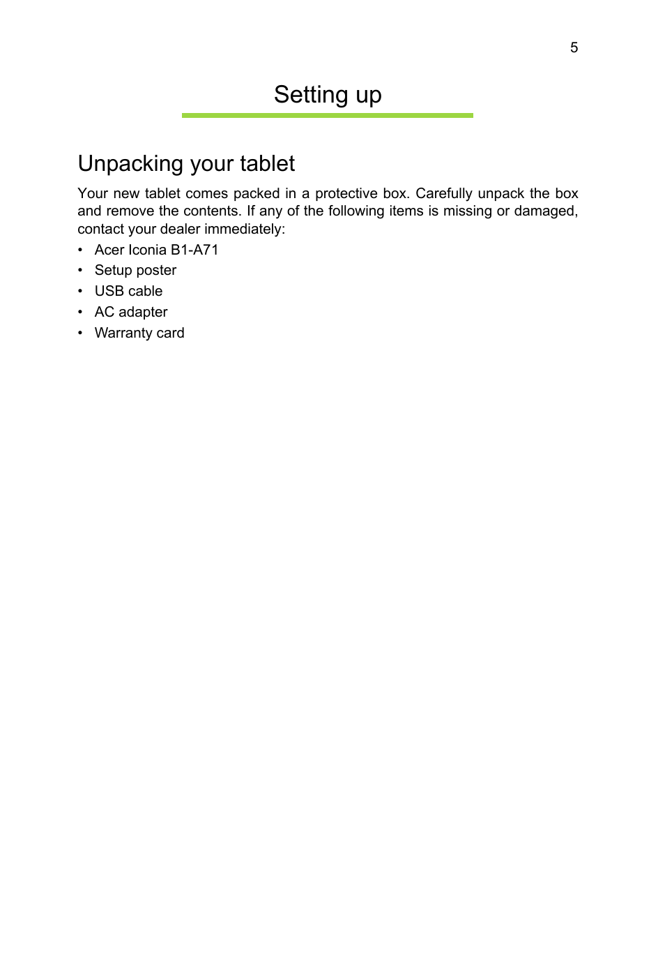 Setting up, Unpacking your tablet | Acer B1-A71 User Manual | Page 5 / 51