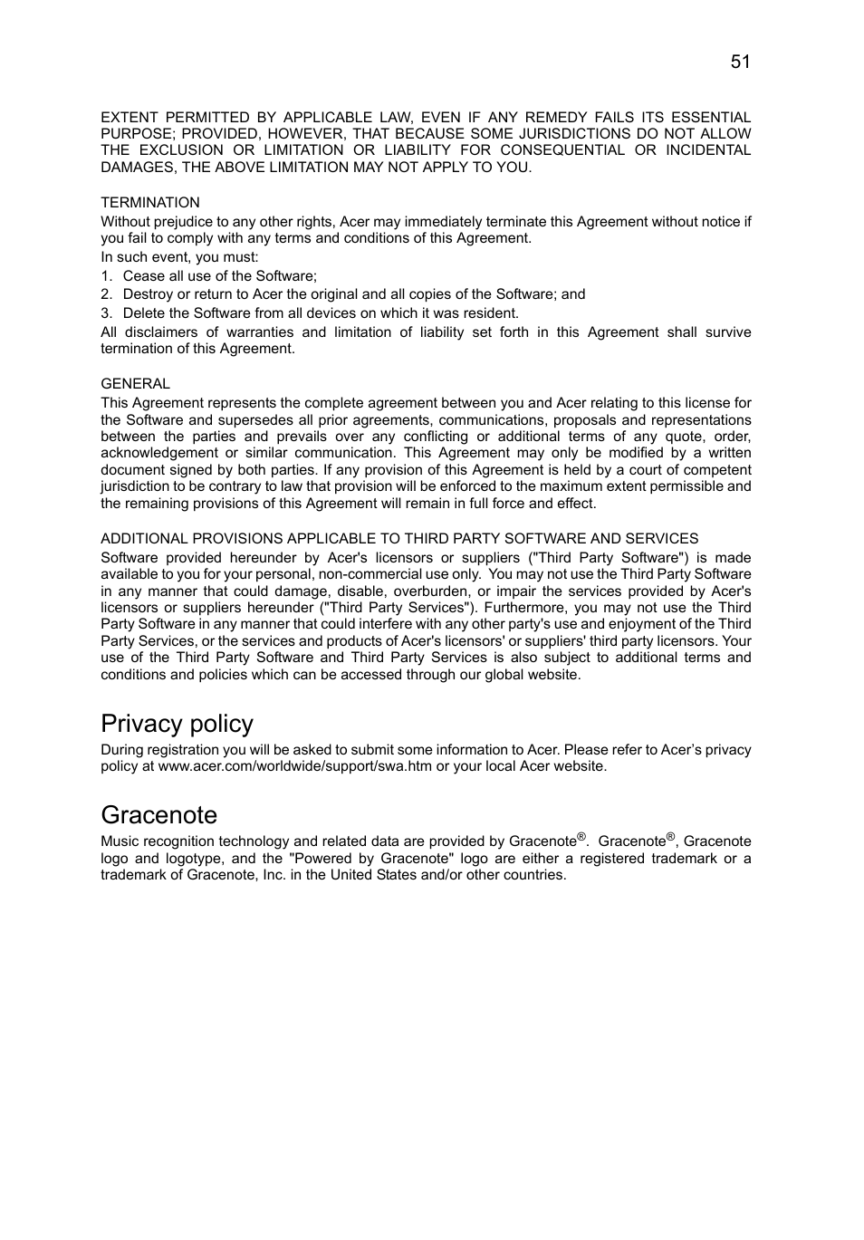 Privacy policy, Gracenote | Acer B1-A71 User Manual | Page 51 / 51