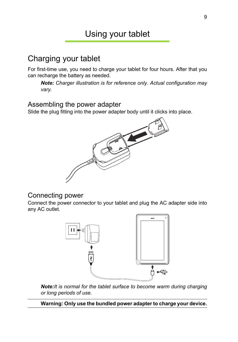 Using your tablet, Charging your tablet, Assembling the power adapter | Connecting power | Acer B1-A71 User Manual | Page 9 / 51