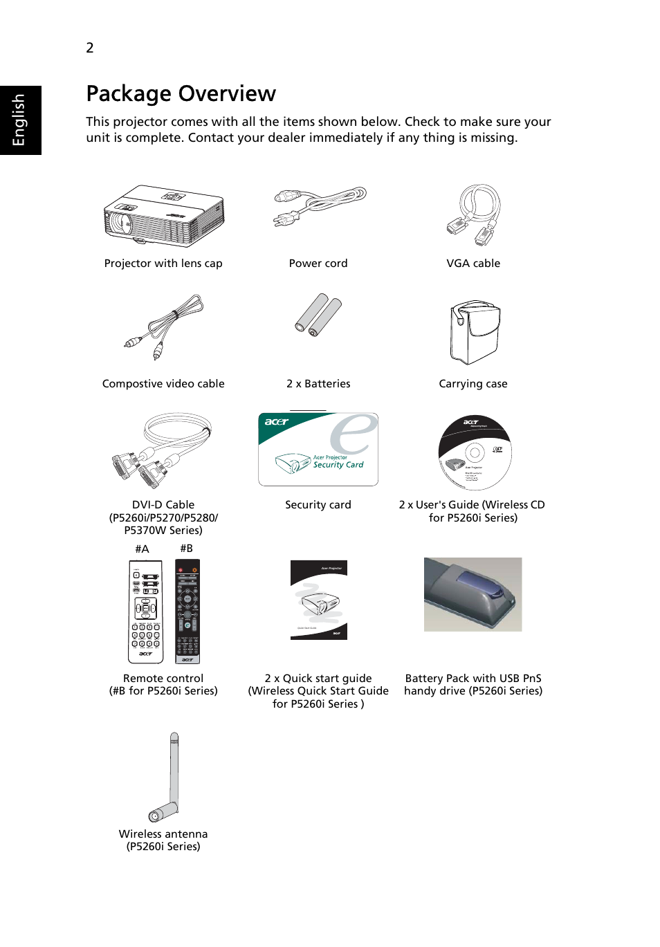 Package overview, English | Acer P5270 User Manual | Page 14 / 65