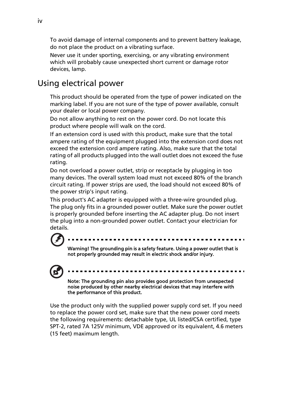 Using electrical power | Acer P5270 User Manual | Page 4 / 65