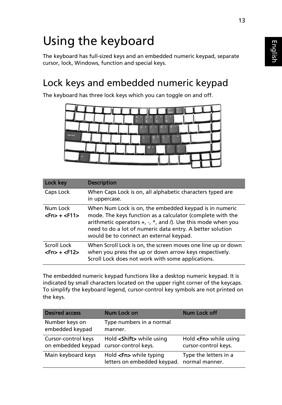 Using the keyboard, Lock keys and embedded numeric keypad | Acer TravelMate 2430 User Manual | Page 23 / 67