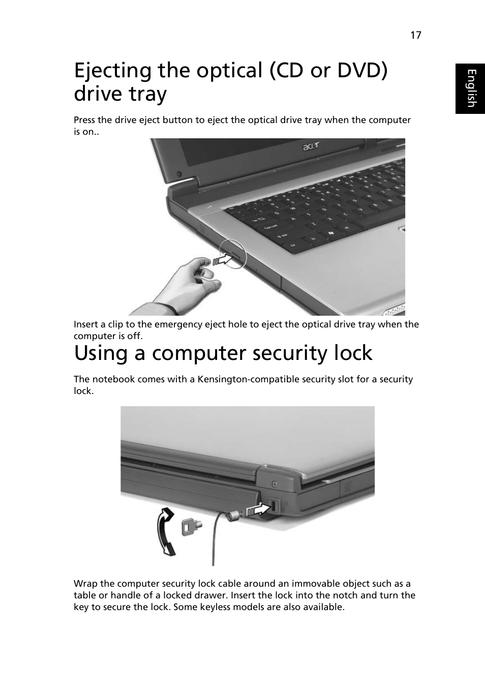 Ejecting the optical (cd or dvd) drive tray, Using a computer security lock | Acer TravelMate 2430 User Manual | Page 27 / 67