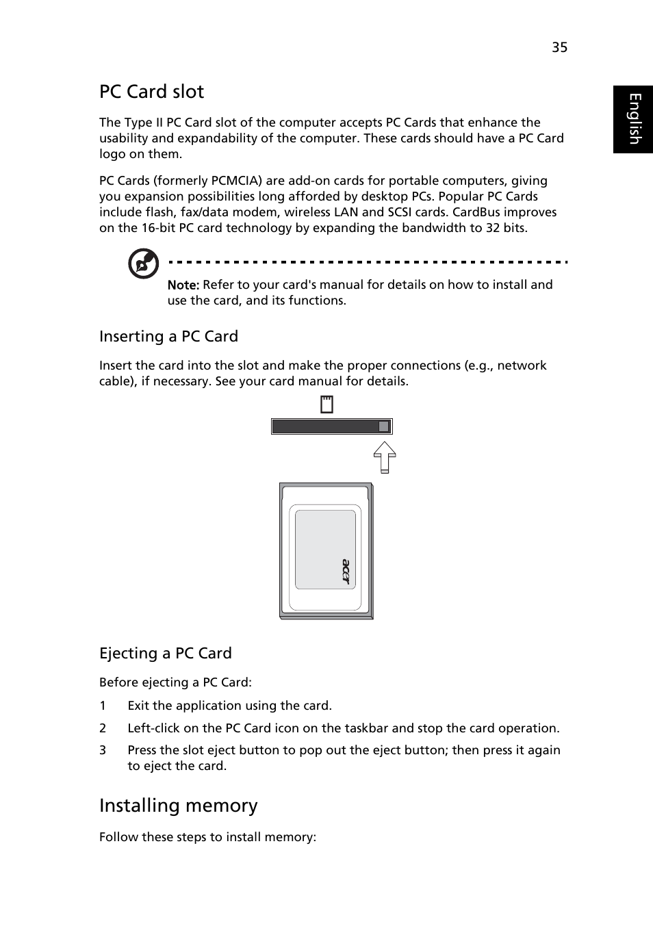 Pc card slot, Installing memory | Acer TravelMate 2430 User Manual | Page 45 / 67