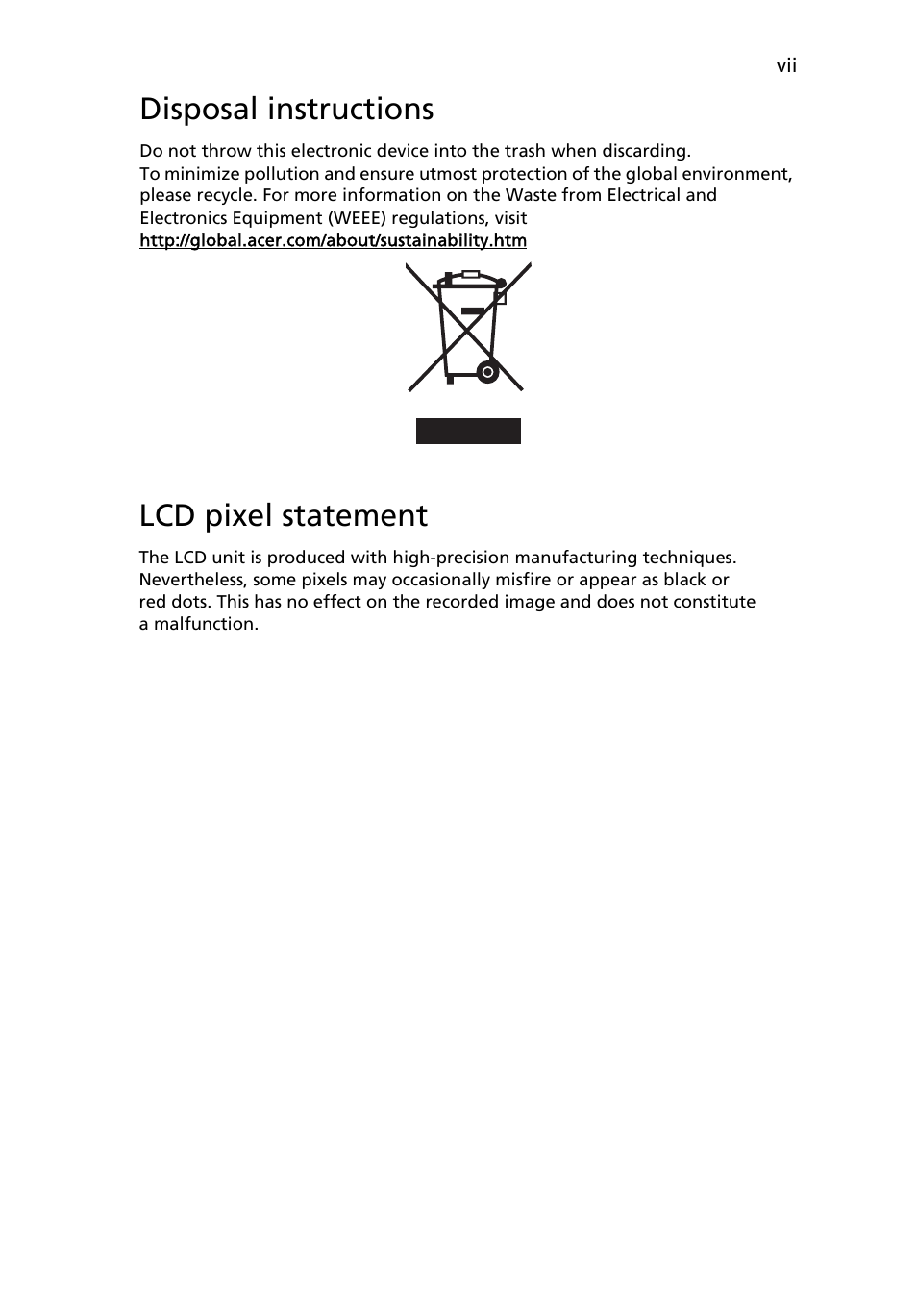 Disposal instructions, Lcd pixel statement | Acer B193WL User Manual | Page 7 / 29