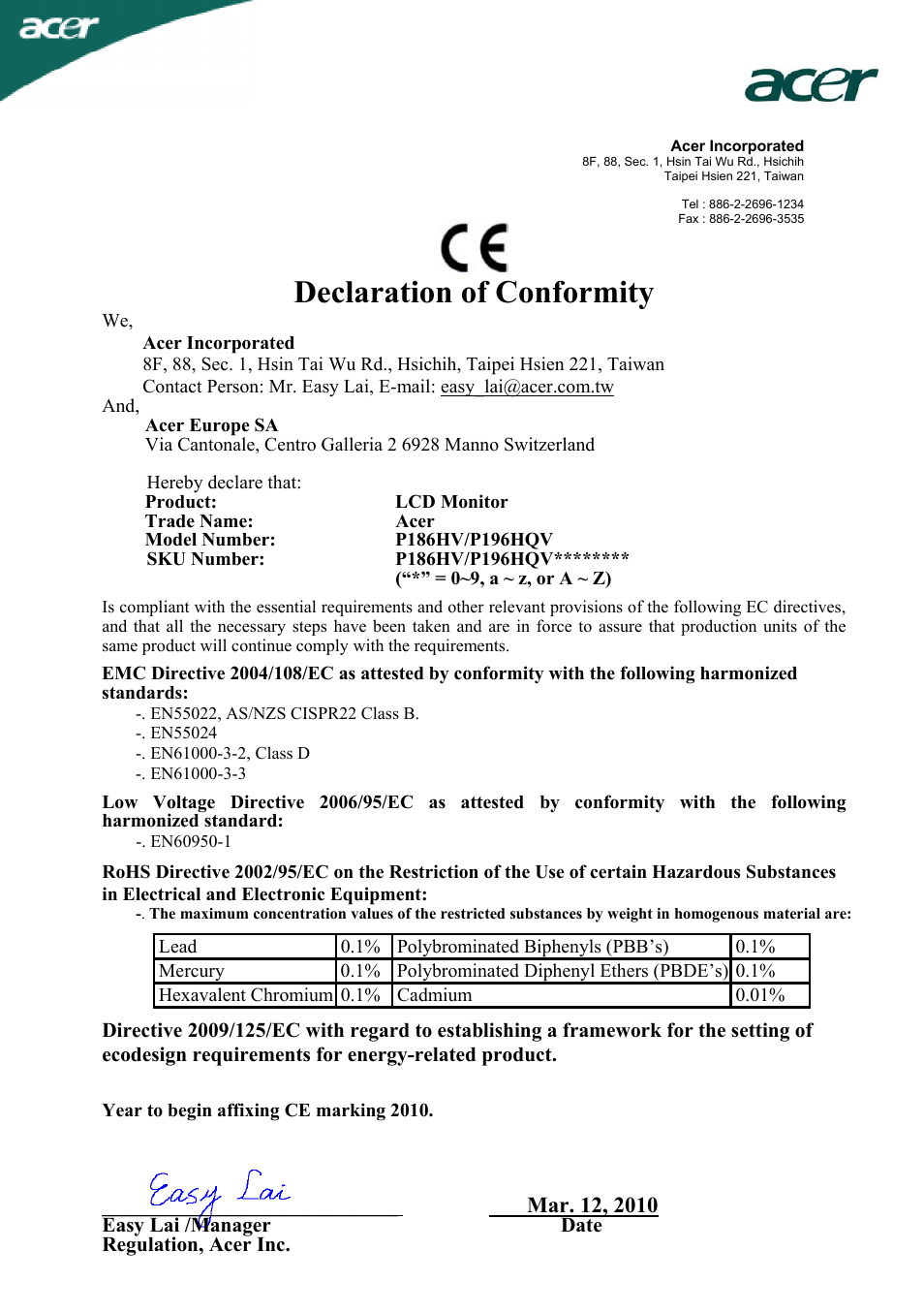 Declaration of conformity | Acer P186HV User Manual | Page 22 / 23