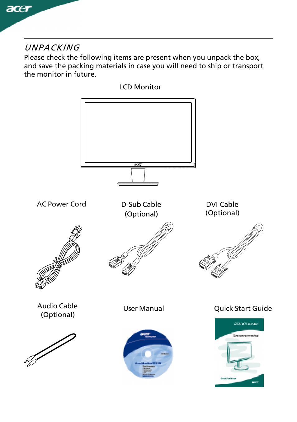 Unpacking | Acer P186HV User Manual | Page 6 / 23