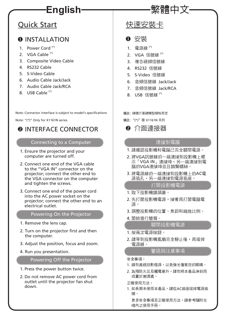 繁體中文, English, 快速安裝卡 | Quick start, 介面連接器, Installation, Interface connector | Acer D111 User Manual | Page 2 / 2