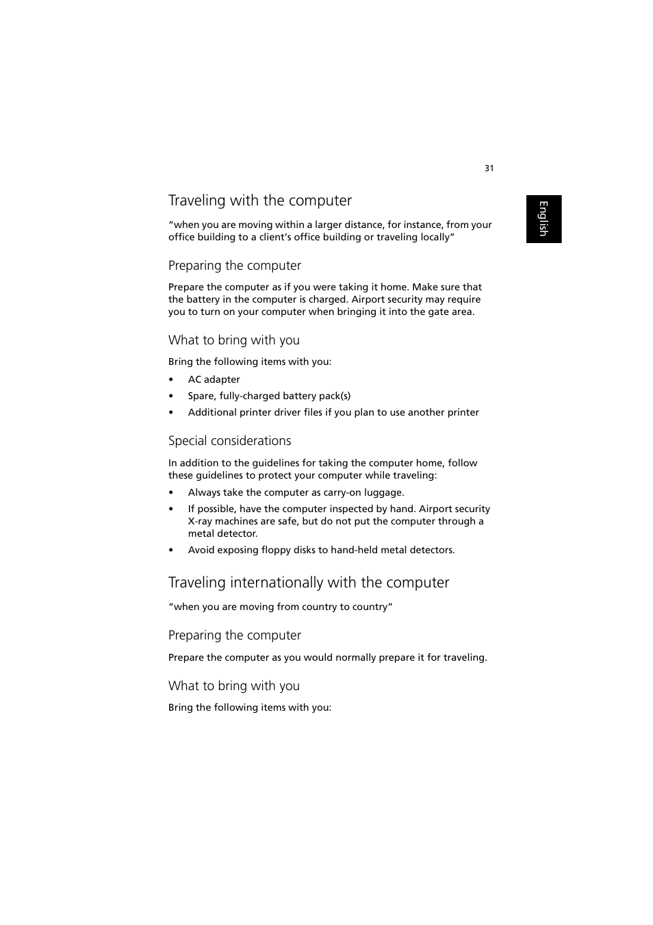 Traveling with the computer, Traveling internationally with the computer, Preparing the computer | What to bring with you, Special considerations | Acer TravelMate 370 User Manual | Page 39 / 82