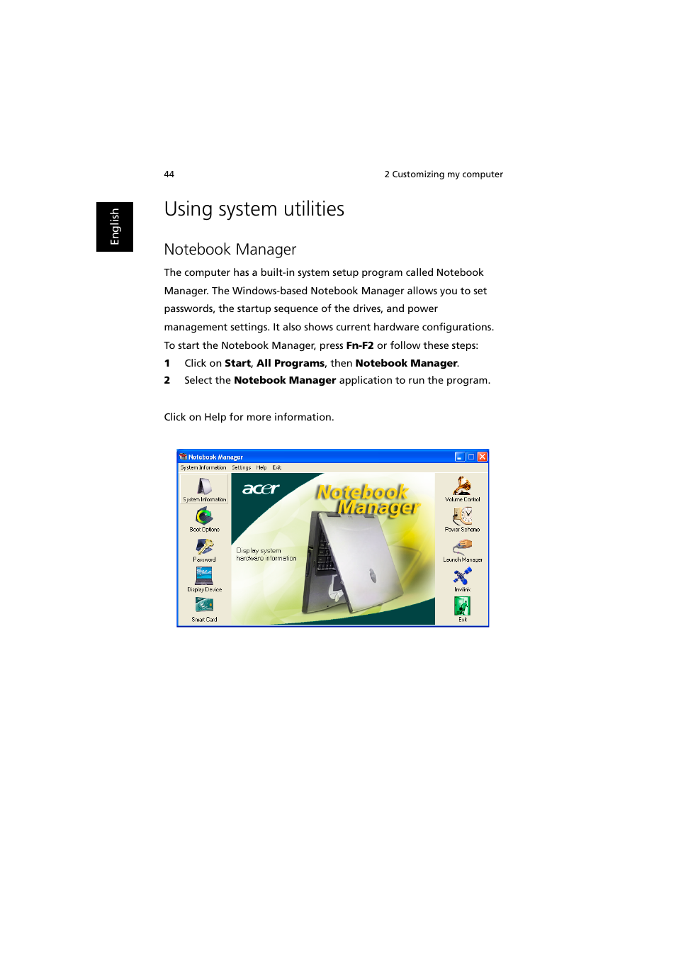 Using system utilities, Notebook manager | Acer TravelMate 370 User Manual | Page 52 / 82