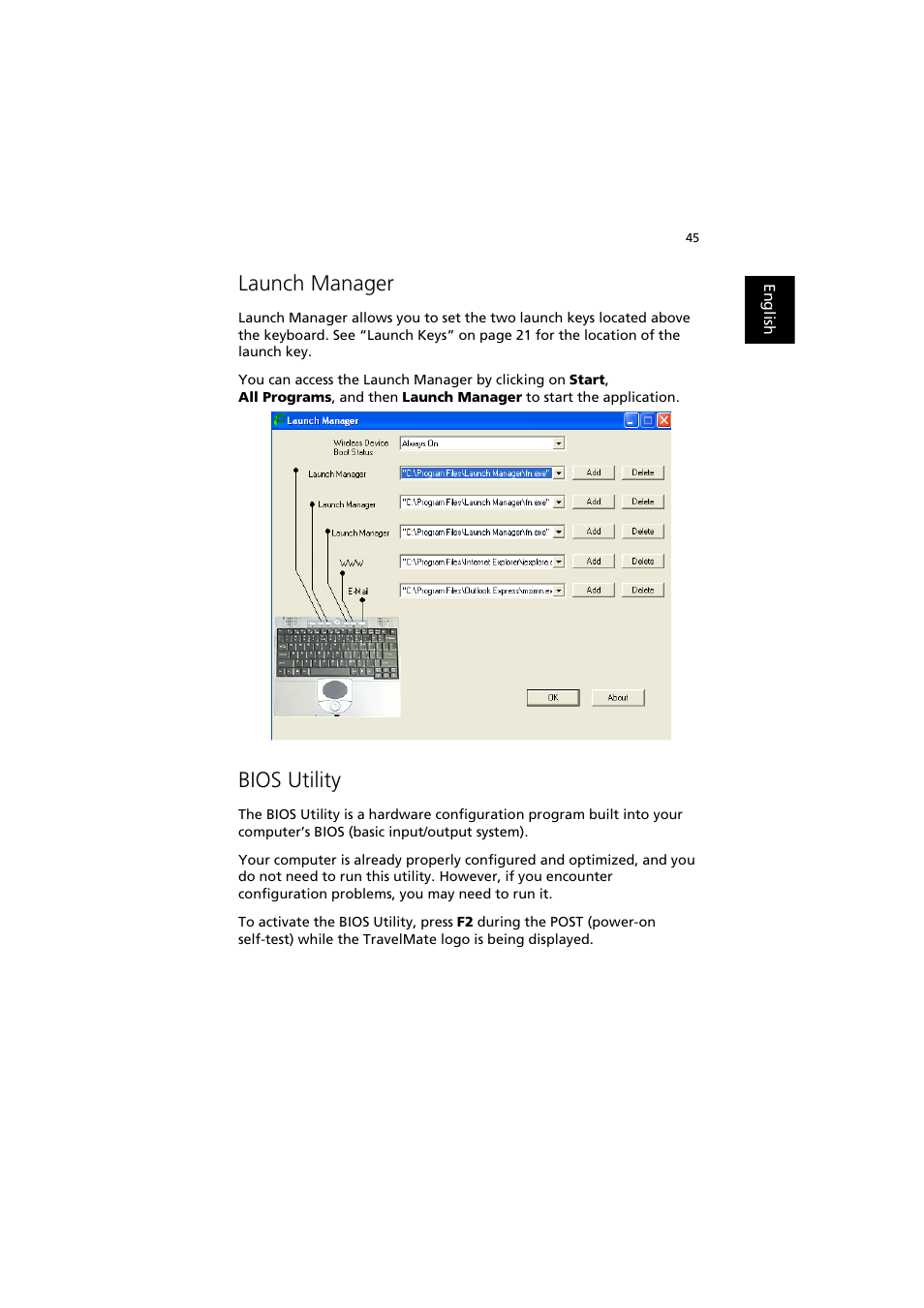 Launch manager, Bios utility | Acer TravelMate 370 User Manual | Page 53 / 82