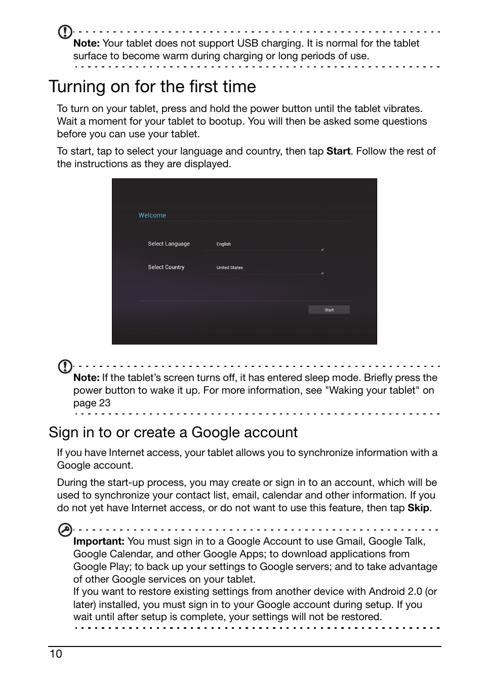 Turning on for the first time, Sign in to or create a google account | Acer A510 User Manual | Page 10 / 72