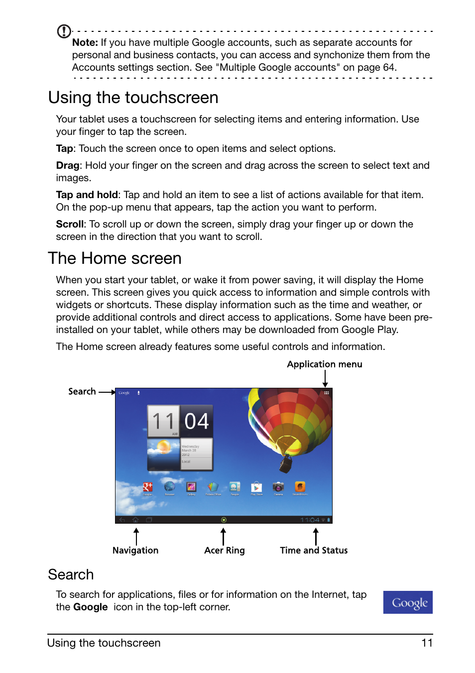Using the touchscreen, The home screen, Search | Acer A510 User Manual | Page 11 / 72