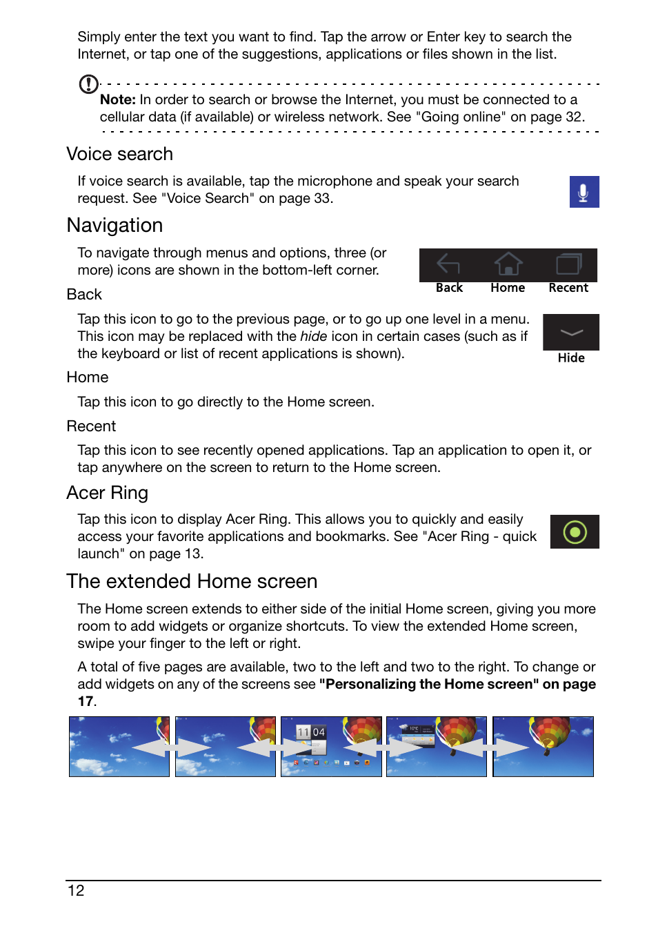 Navigation, The extended home screen, Voice search | Acer ring | Acer A510 User Manual | Page 12 / 72