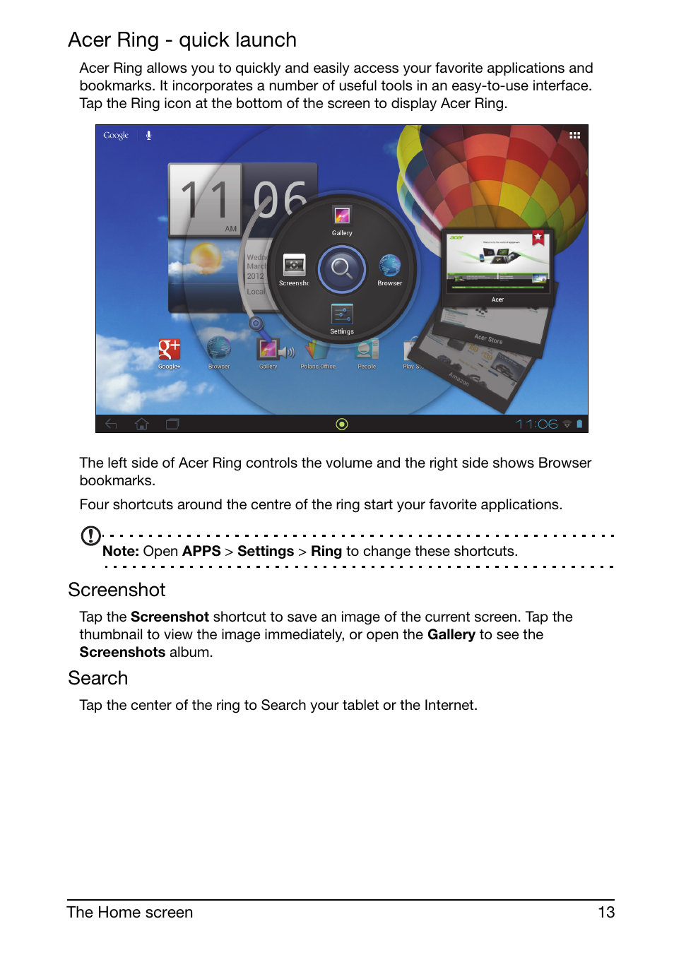 Acer ring - quick launch, Screenshot, Search | Acer A510 User Manual | Page 13 / 72