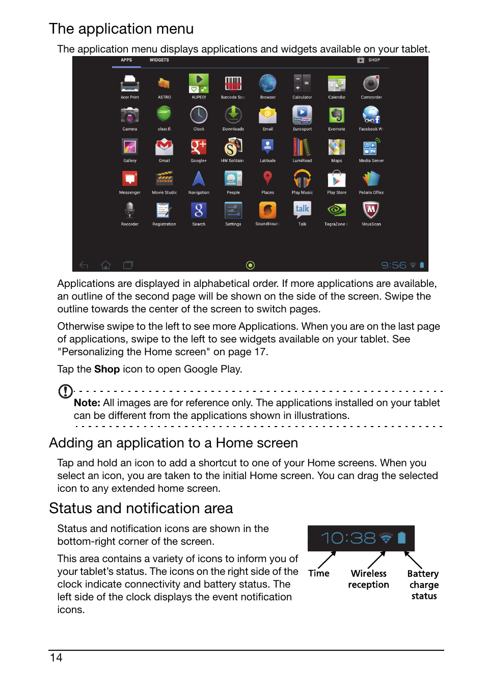 The application menu, Status and notification area, Adding an application to a home screen | Acer A510 User Manual | Page 14 / 72