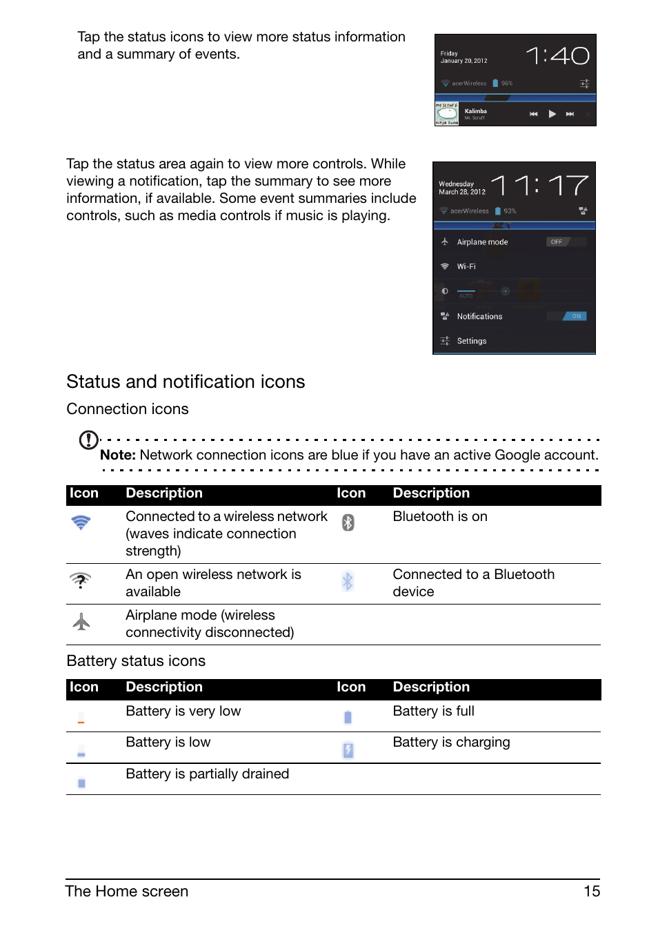 Status and notification icons | Acer A510 User Manual | Page 15 / 72