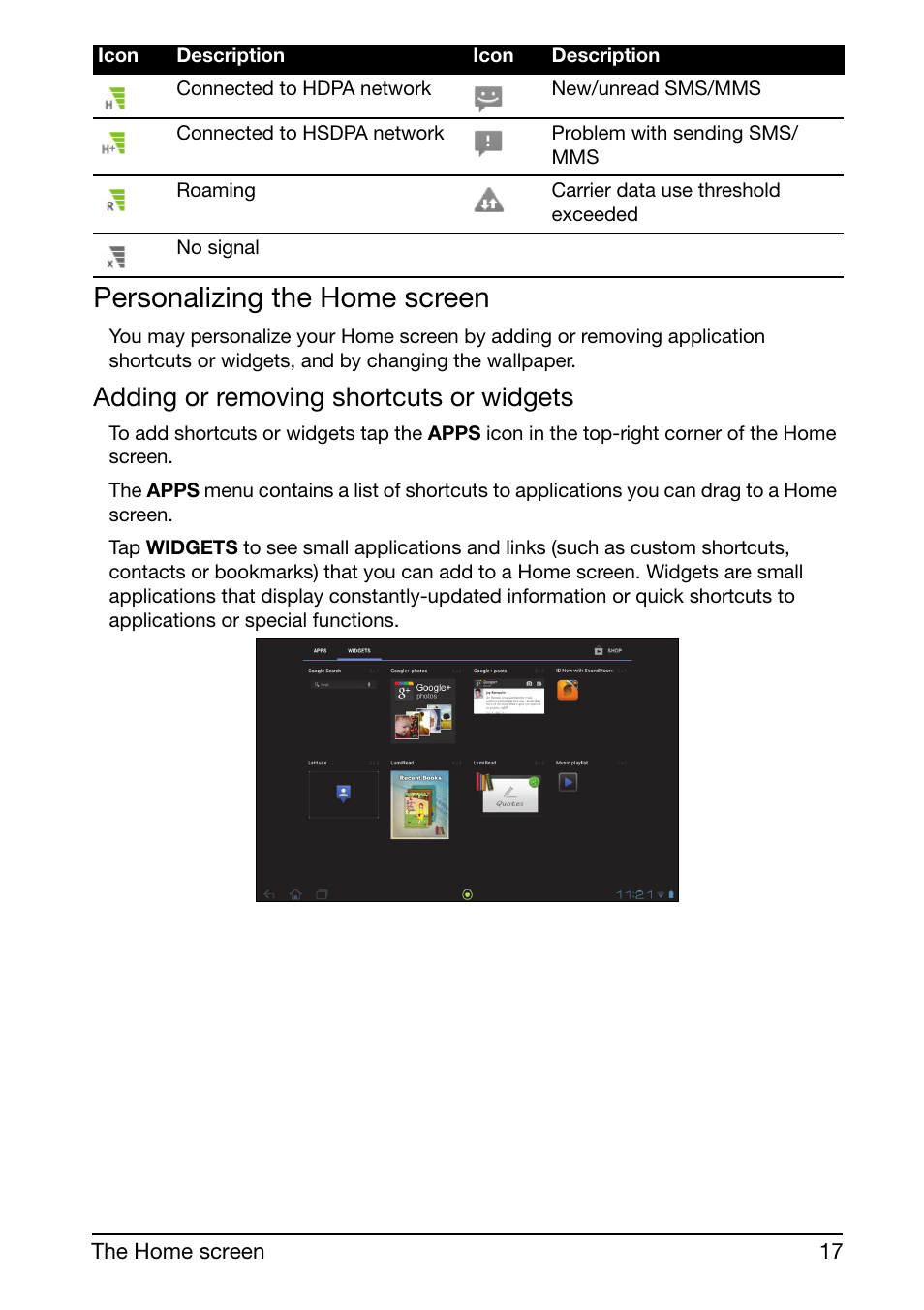 Personalizing the home screen, Adding or removing shortcuts or widgets | Acer A510 User Manual | Page 17 / 72