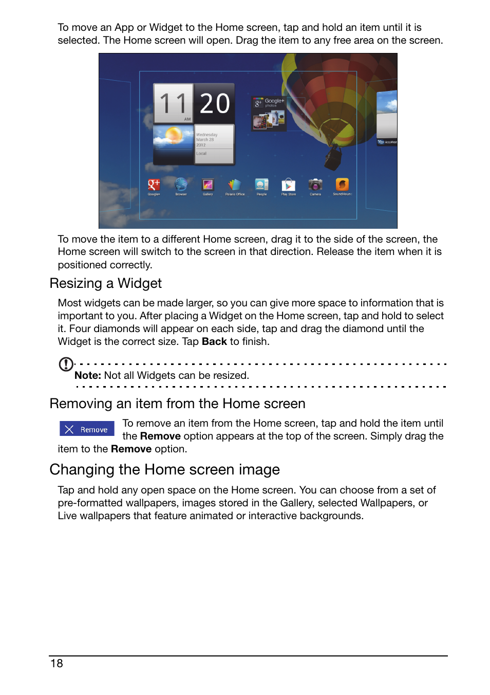 Changing the home screen image, Resizing a widget, Removing an item from the home screen | Acer A510 User Manual | Page 18 / 72