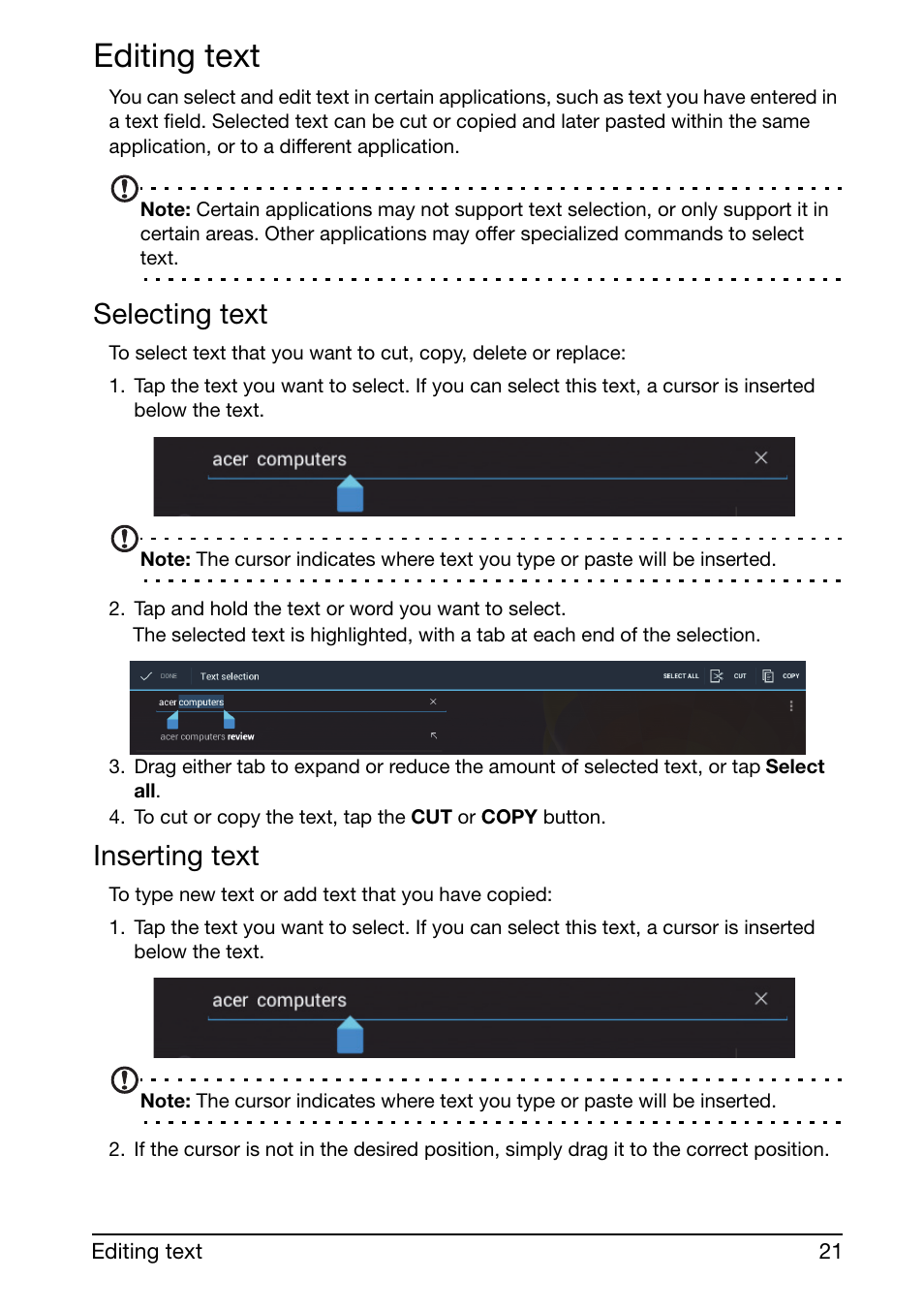 Editing text, Selecting text, Inserting text | Acer A510 User Manual | Page 21 / 72