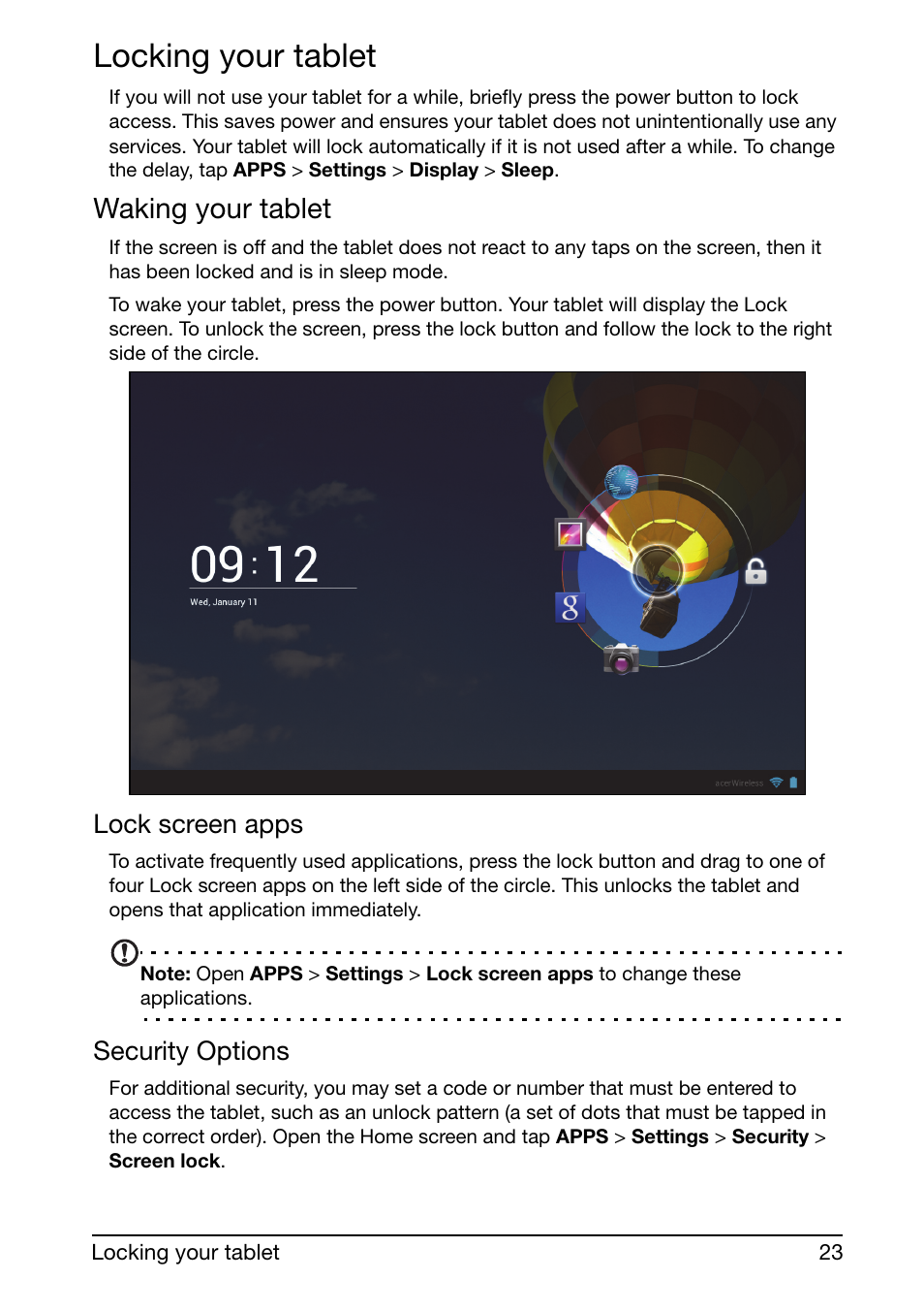 Locking your tablet, Waking your tablet, Lock screen apps | Security options | Acer A510 User Manual | Page 23 / 72