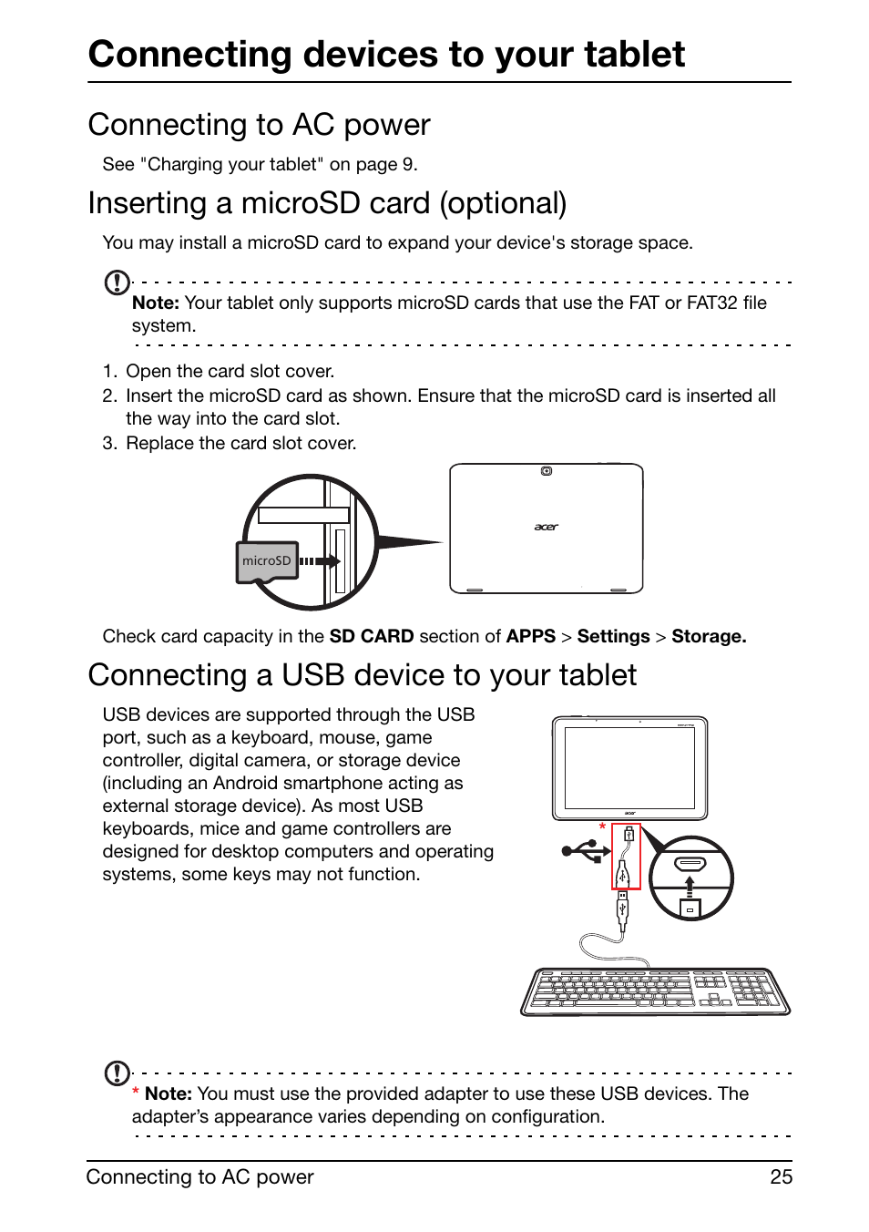 Connecting devices to your tablet, Connecting to ac power, Inserting a microsd card (optional) | Connecting a usb device to your tablet | Acer A510 User Manual | Page 25 / 72