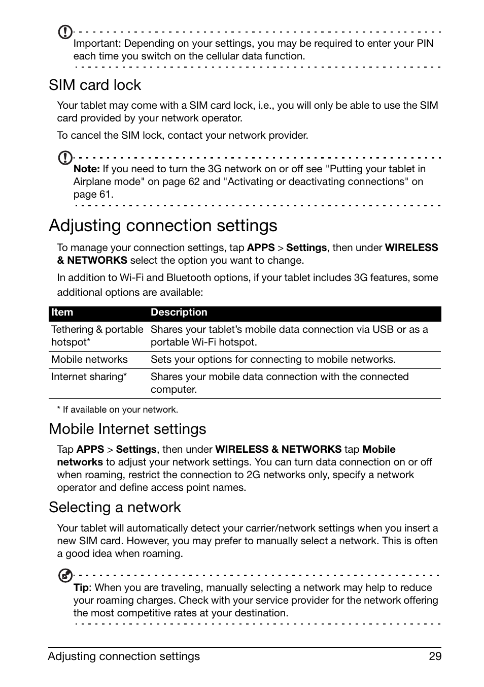 Sim card lock, Adjusting connection settings, Mobile internet settings | Selecting a network | Acer A510 User Manual | Page 29 / 72