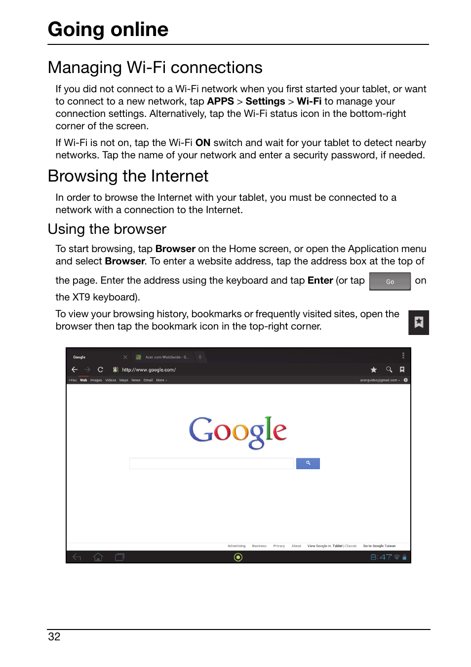 Going online, Managing wi-fi connections, Browsing the internet | Using the browser | Acer A510 User Manual | Page 32 / 72