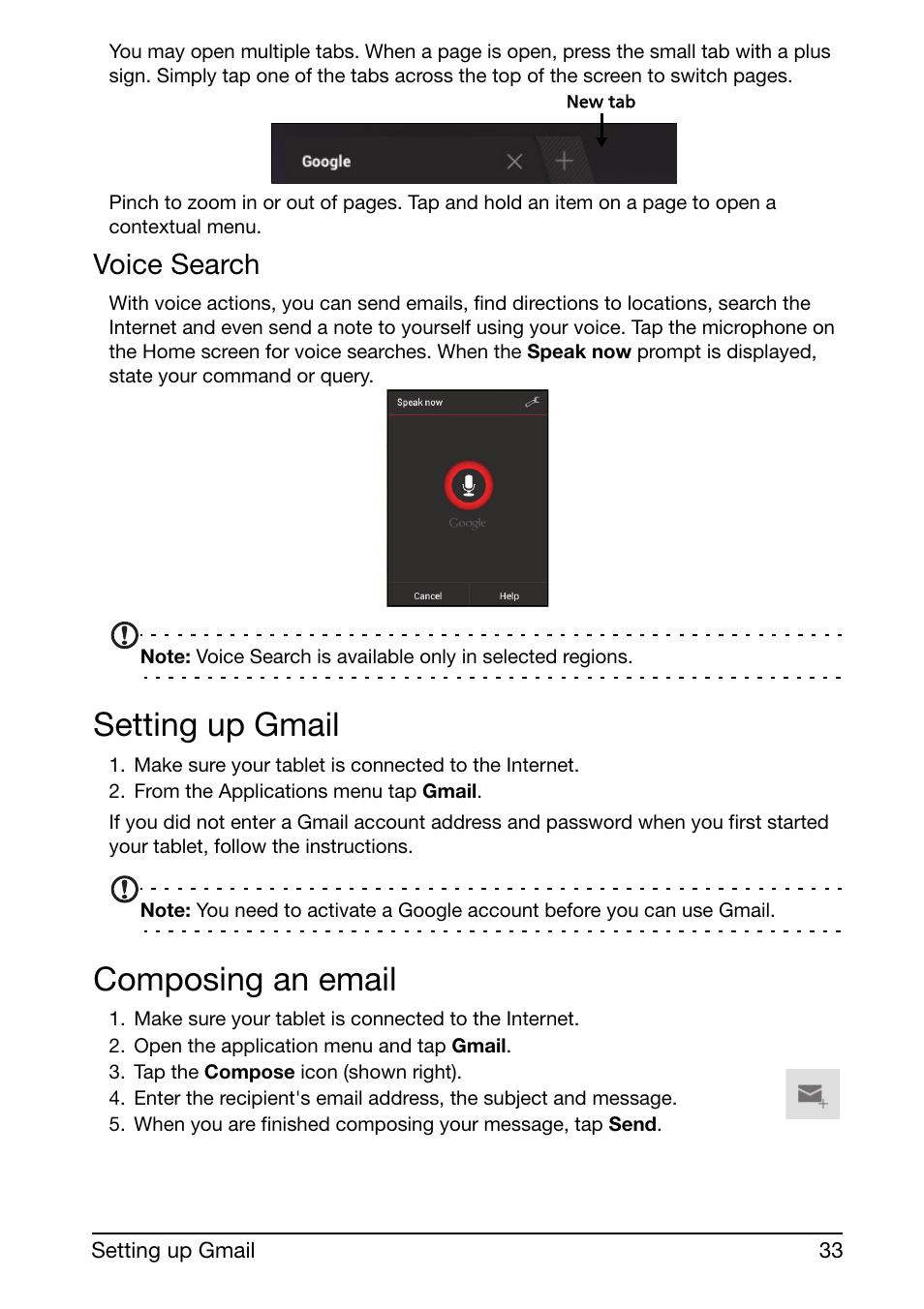 Voice search, Setting up gmail, Composing an email | Acer A510 User Manual | Page 33 / 72