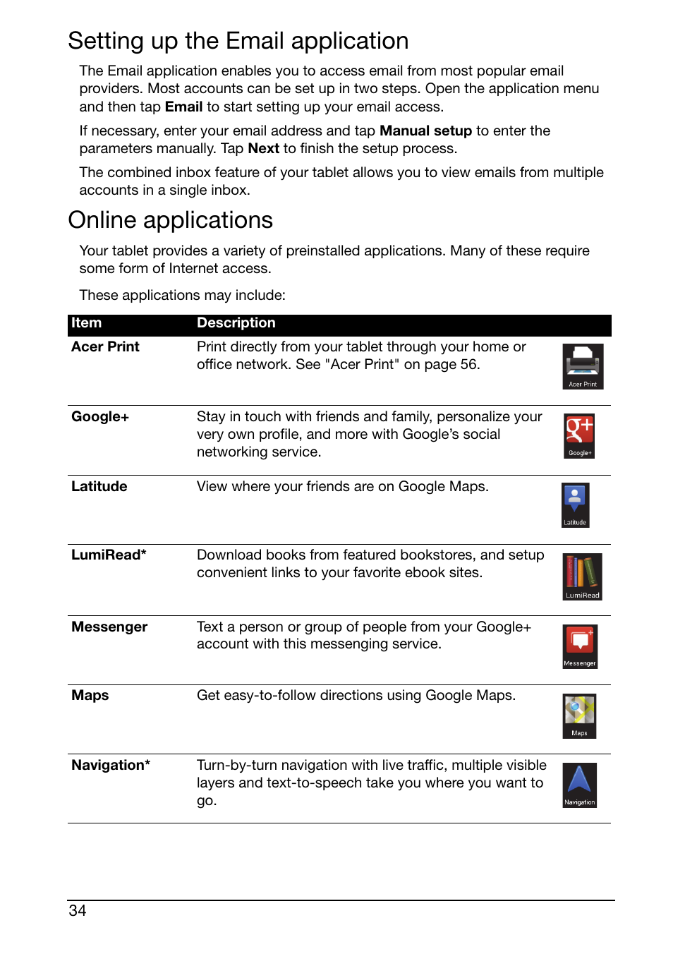 Setting up the email application, Online applications | Acer A510 User Manual | Page 34 / 72
